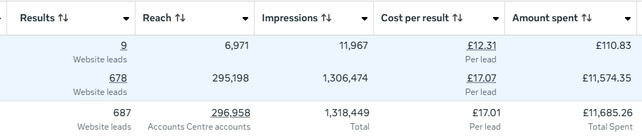 Meta Ads Manager: 687 website leads at £17.01 per lead
